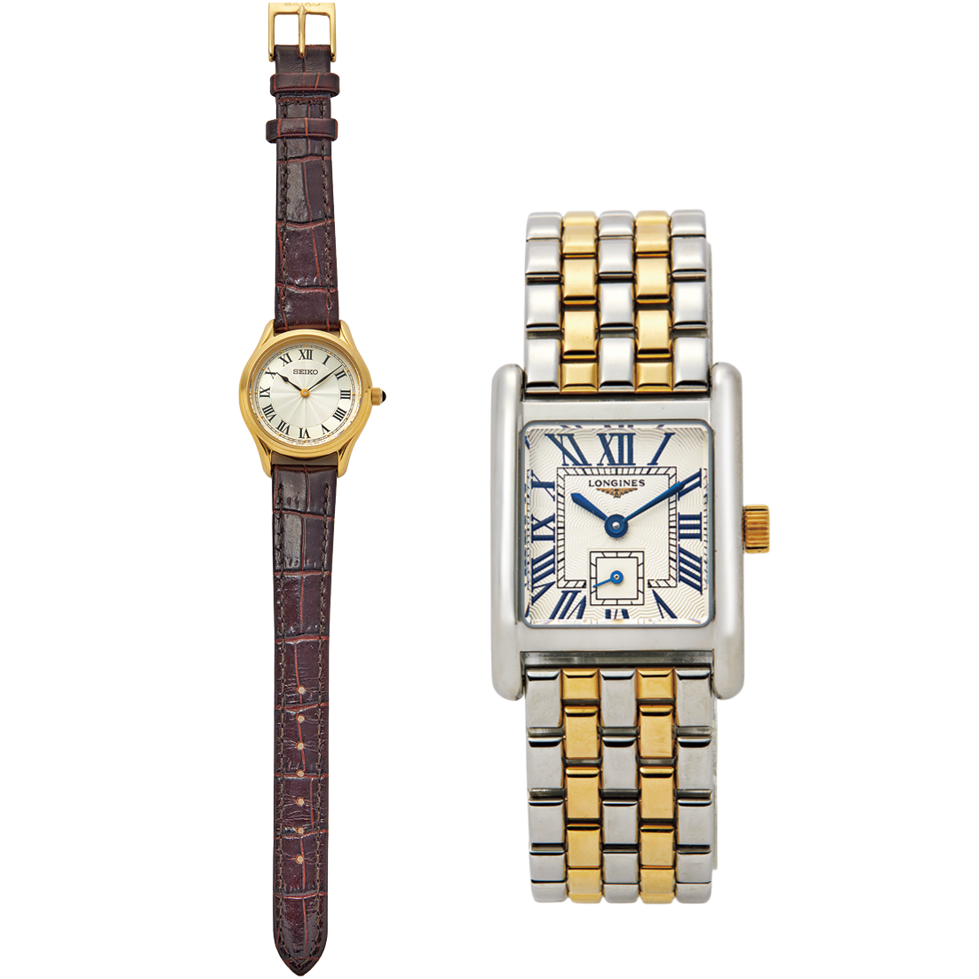 左：時計［ハードレックス×皮革（カーフ）］¥25,300（セイコーセレクション／セイコーウオッチお客様相談室）、時計右：［ステンレスティール×K18YG製キャップ］¥810,700（ロンジン／スウォッチ グループ ジャパン）