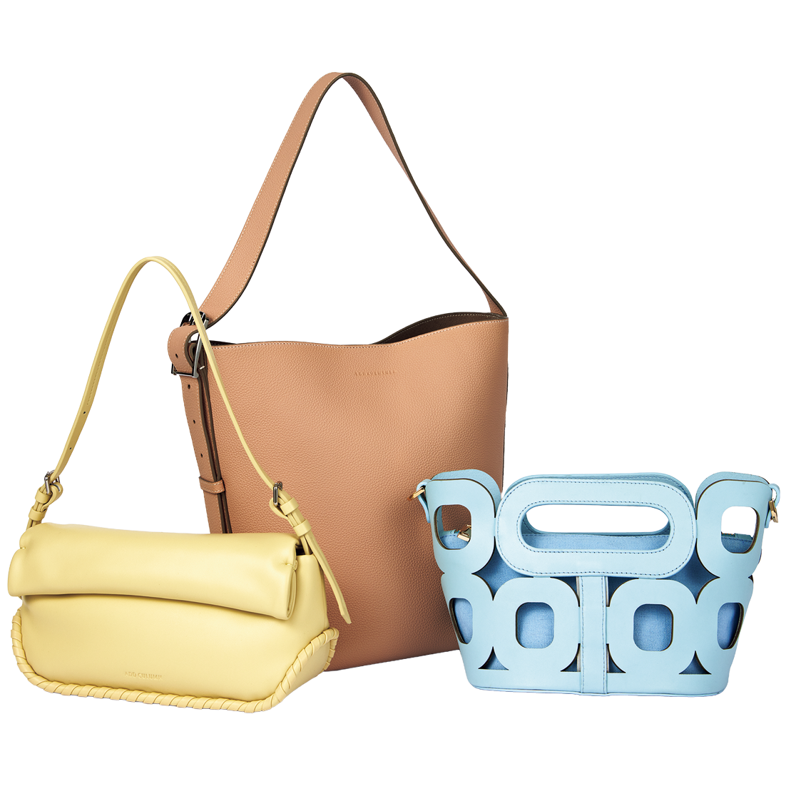 左から：バッグ［H14×W27×D9㎝］¥19,800（ADD CULUMN／アンソロジー）、バッグ［H28×W19×D16㎝］¥238,700（ボナベンチュラ）、バッグ［H17.5×W21×D17.5㎝］¥68,200（ペリーコ／アマン）