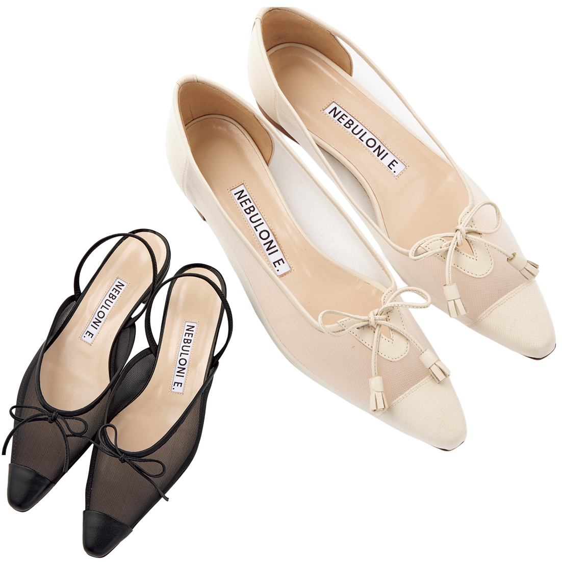 右：アイボリーパンプス［ヒール1.6㎝］¥68,200、左：ブラックサンダル［ヒール1.6㎝］¥64,900（共にネブローニ）