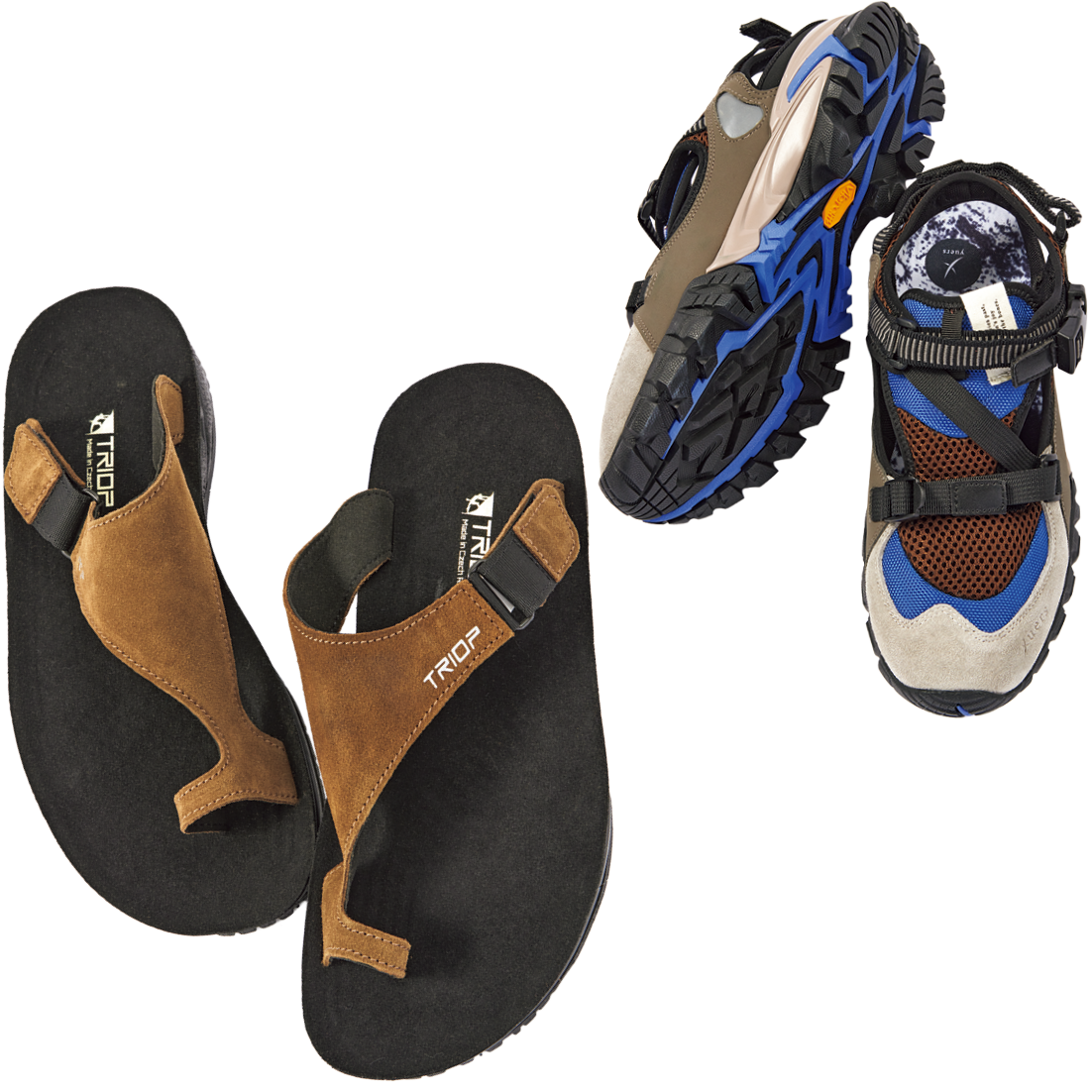 上：スポーツサンダル PARKLIFE¥19,800（ユアーズ／YUEN）、下：スエードリカバリースリッパ¥18,700（トリオプ／バーリオ）