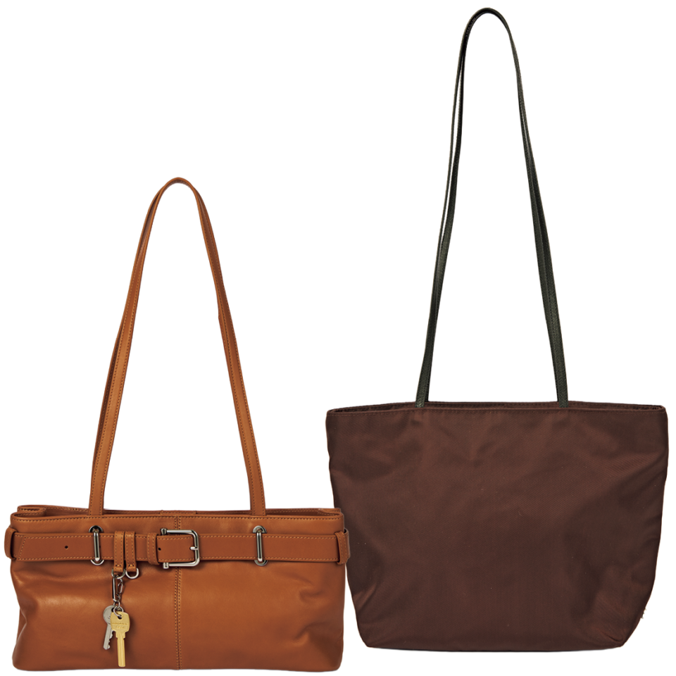 左：「カギ付きもポイント♡」ブラウンバッグ［H17.5×W35.5×D8.3㎝］¥72,600（オソイ／ユナイテッドアローズ 渋谷スクランブルスクエア店）、右：ナイロンバーガンディバッグ¥40,700［H17×W23.5×D8.5㎝］（ヴァレスク／スーパー エー マーケット 青山）