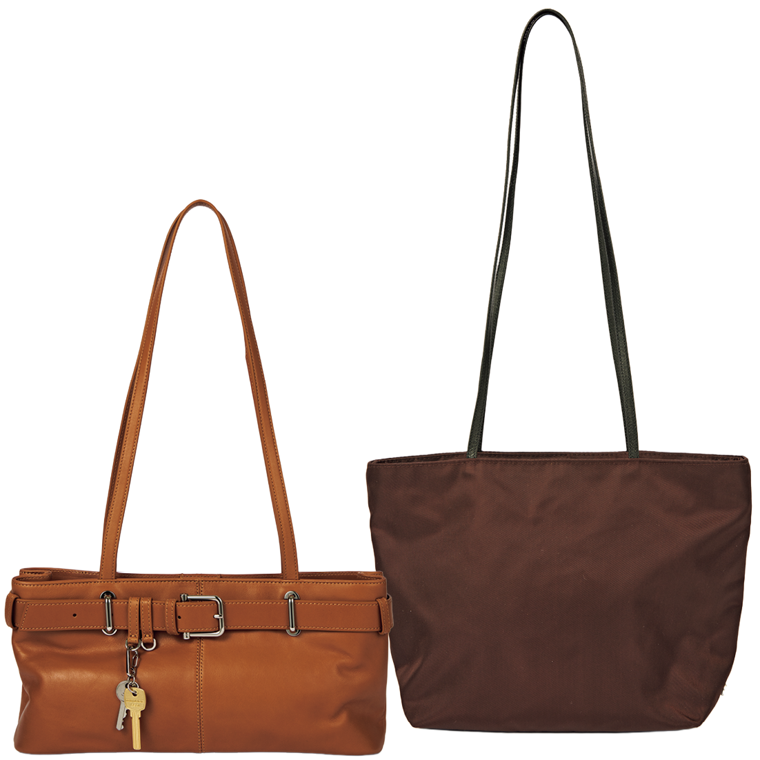 左：「カギ付きもポイント♡」ブラウンバッグ［H17.5×W35.5×D8.3㎝］¥72,600（オソイ／ユナイテッドアローズ 渋谷スクランブルスクエア店）、右：ナイロンバーガンディバッグ¥40,700［H17×W23.5×D8.5㎝］（ヴァレスク／スーパー エー マーケット 青山）