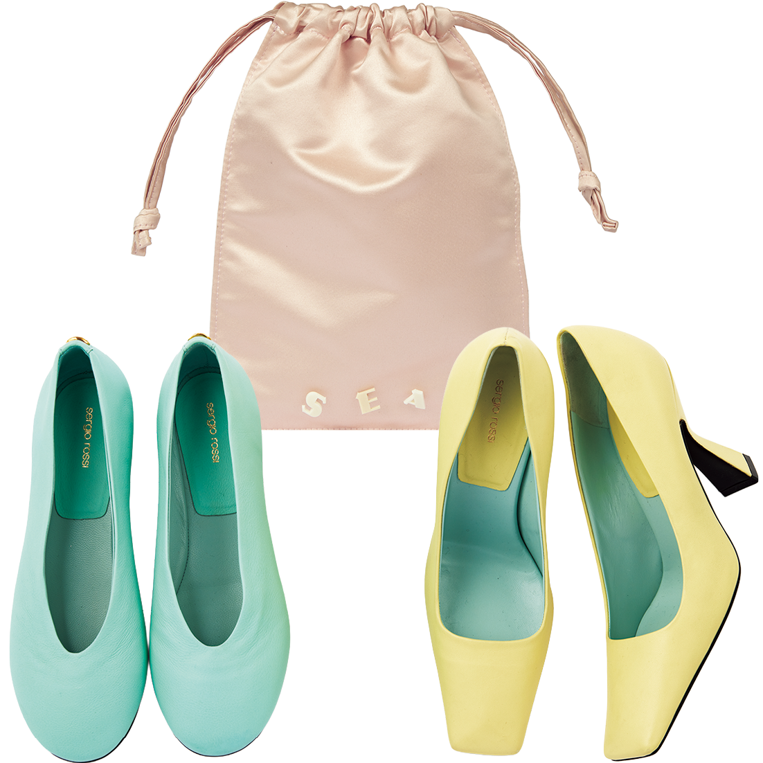 ピンクサテン巾着［H27×W21㎝］¥13,200（シー／エスストア）、イエローパンプス［ヒール6㎝］¥135,300、ライトブルーバレエシューズ［ヒール0.5㎝］¥115,500（共にセルジオ ロッシ／セルジオ ロッシ ジャパン カスタマーサービス）