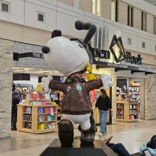 ミネアポリスは「ピーナッツ」の作者、チャールズ・シュルツの生誕地。スヌーピーの故郷として知られていて、空港内にはスヌーピーのショップもありました。スヌーピーが飛行機に乗るときに着ているジャケットを着用して、楽しそうにしているオブジェもありましたし、空港内を歩く検疫探知犬なのかな? も、耳の垂れたワンちゃんでしたよ。