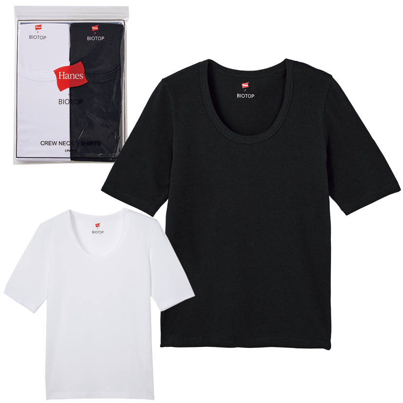 「新型はコンパクトで袖丈が少し長いシルエット」Tシャツ¥6,600※2枚セット（ヘインズ フォー ビオトープ）