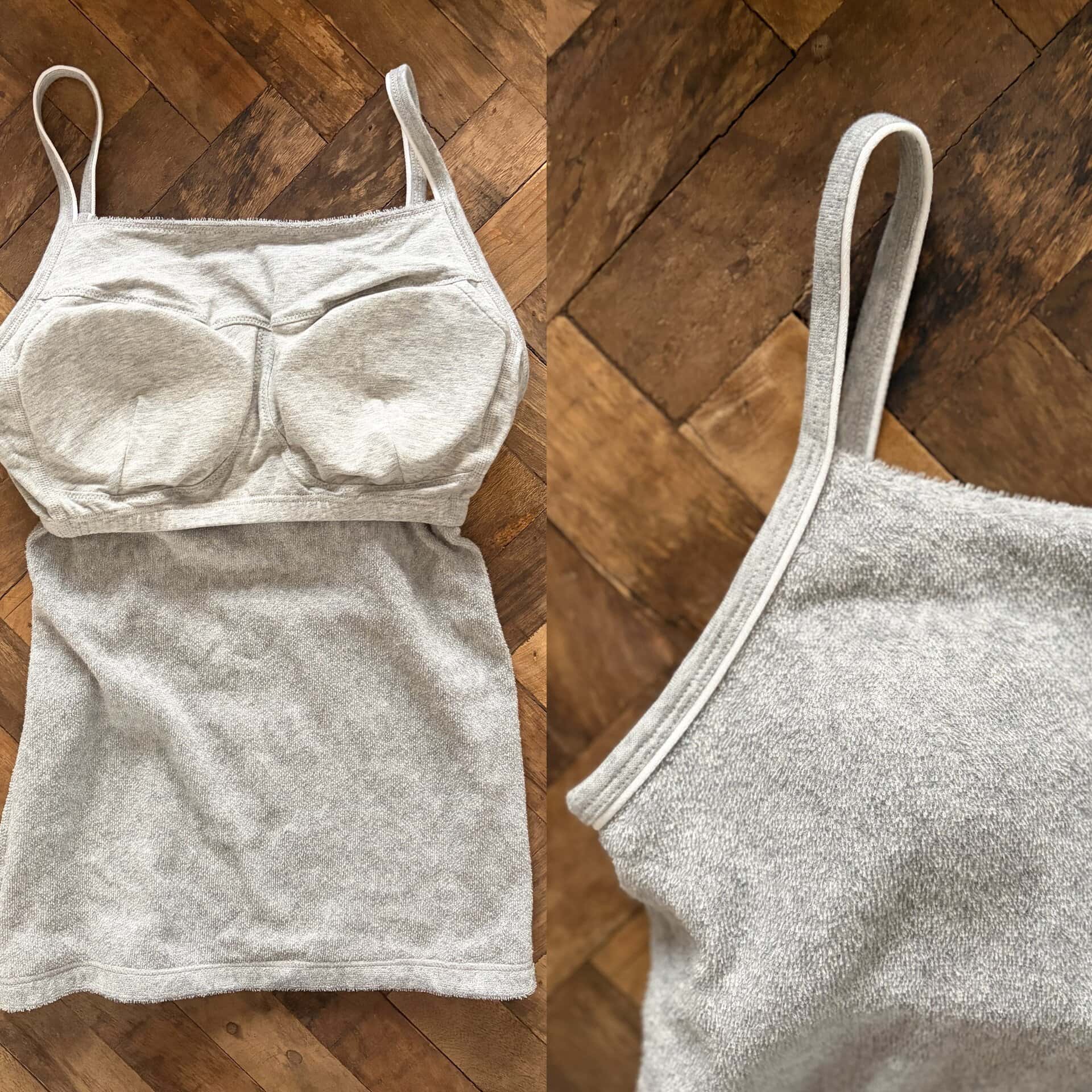 左／カップ部分はコットン100％のカットソー生地を使用　右／さりげないパイピングが洒落ています！