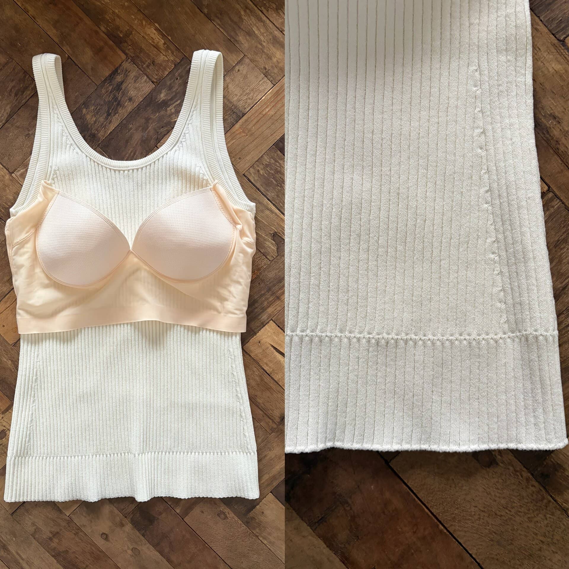 左／ボディを包み込むハイパワーストレッチジャージーは透け感もあって通気性も期待できます　右／裾の切り替えがさりげないアクセントに