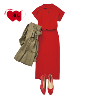 ポロニット¥20,900、スカート¥28,600（共にアルアバイル）、トレンチコート¥99,000（イン／ショールーム セッション）、シューズ¥28,600（ヨシト／ニュー ロンドン）