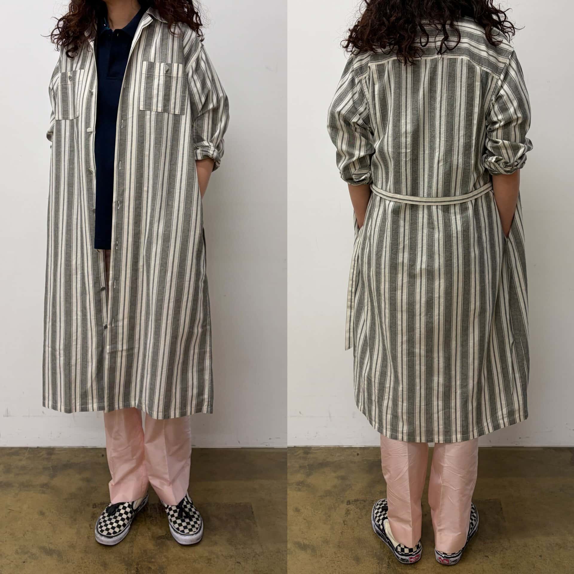 コートとしてはもちろん、ワンピースとしても着用可能。ベルトでシルエットも自在に変えられますし、ワードローブにあるとかなり重宝するはず！ 開襟シャツコート￥3,990（コンビニエンスウェア）※6月発売予定