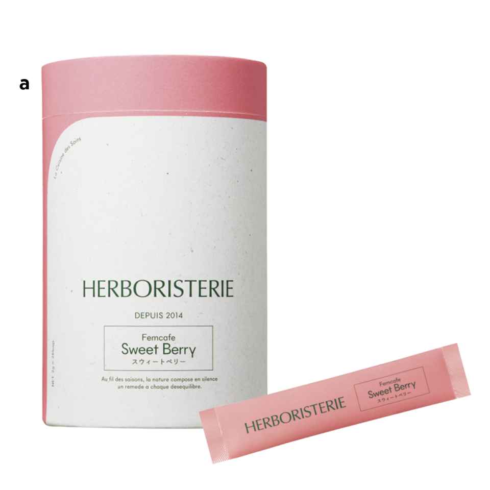 a 女性のホルモンバランスやめぐりをサポートするザクロやメリッサなどを配合。HERBORISTERIE フェムカフェ スウィートベリー 2g×28包 ¥3,888（コスメキッチン）