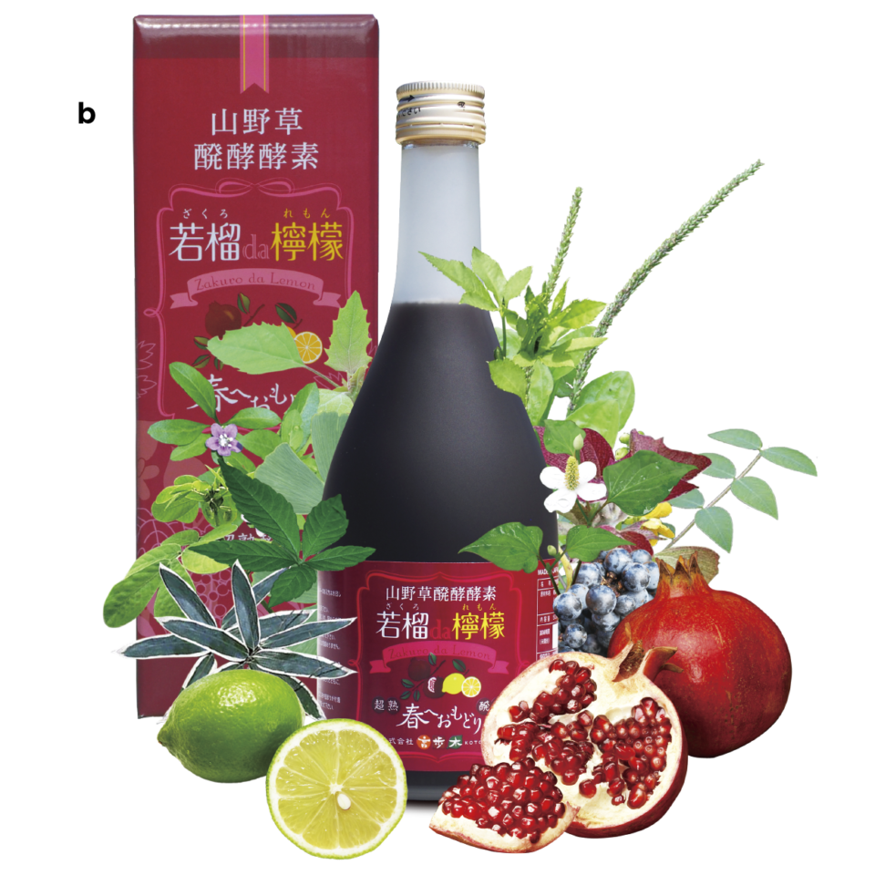 b 若摘みザクロと国産青レモンを長期発酵させた植物エキスの無添加の酵素ドリンク。女性ホルモンに似た働きを持つイソフラボンとエクオールを含有。若榴da檸檬 500mL ¥6,100（言歩木）