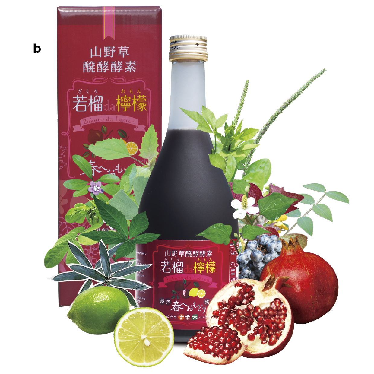 b 若摘みザクロと国産青レモンを長期発酵させた植物エキスの無添加の酵素ドリンク。女性ホルモンに似た働きを持つイソフラボンとエクオールを含有。若榴da檸檬 500mL ¥6,100（言歩木）