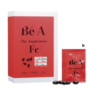 b 吸収率の高いヘム鉄に、亜鉛、葉酸、ビタミンなど6種の栄養を凝縮させた医師監修のサプリメント。ベア ザ・サプリメント Fe 30袋／30日分 ¥4,750（ベア）