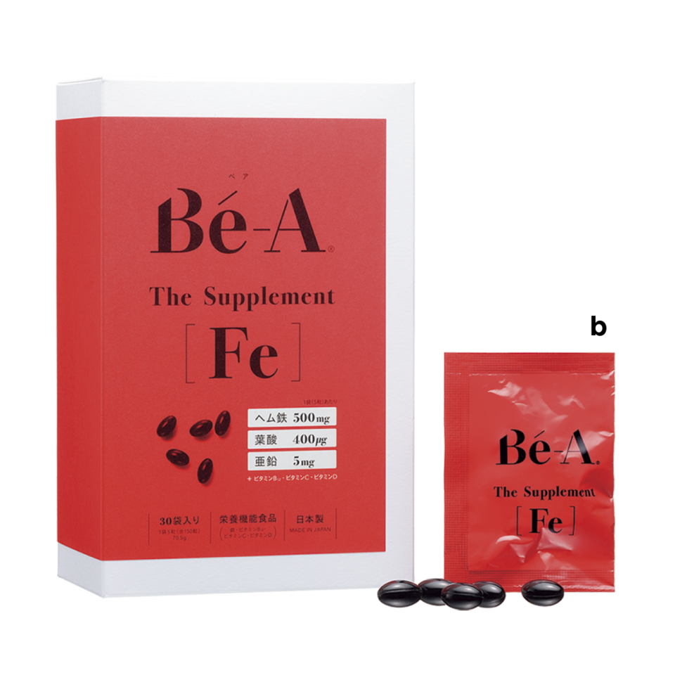 b 吸収率の高いヘム鉄に、亜鉛、葉酸、ビタミンなど6種の栄養を凝縮させた医師監修のサプリメント。ベア ザ・サプリメント Fe 30袋／30日分 ¥4,750（ベア）