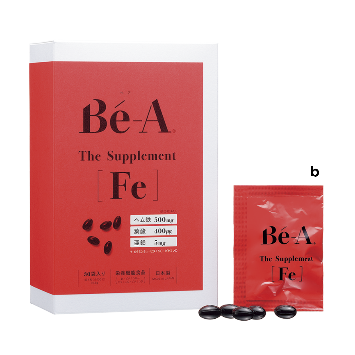 b 吸収率の高いヘム鉄に、亜鉛、葉酸、ビタミンなど6種の栄養を凝縮させた医師監修のサプリメント。ベア ザ・サプリメント Fe 30袋／30日分 ¥4,750（ベア）