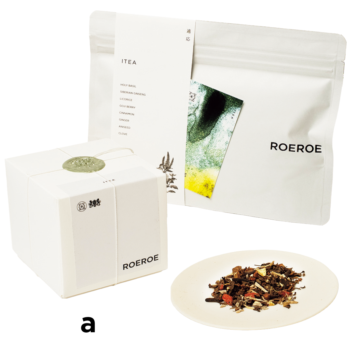 a ストレス耐性やエネルギー回復を支えるアダプトゲンハーブを配合。外的ストレスへの反応をおさえながら、心身のバランスをサポート。ITEA “適応” 25g ¥1,680〈袋〉、¥2,480〈箱〉（ROEROE）