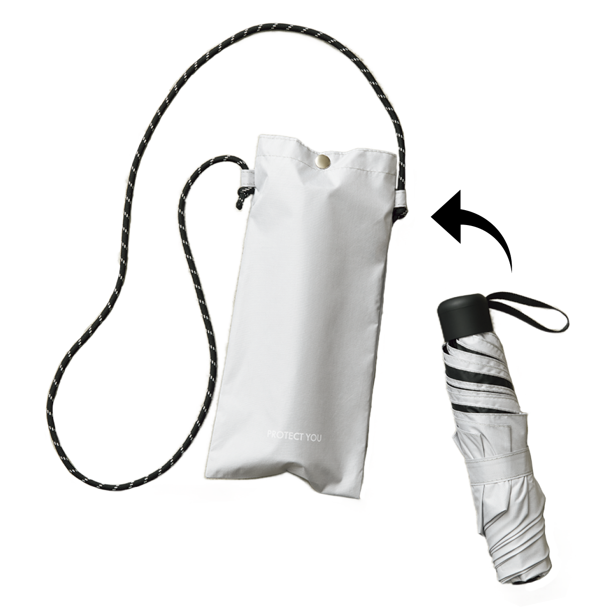 SIZE（約）折りたたみ傘：使用時／φ89×H52㎝、収納時／φ5.5×H22.5㎝ ポシェット：H27×W13㎝ ショルダーストラップの長さ106㎝［最長］