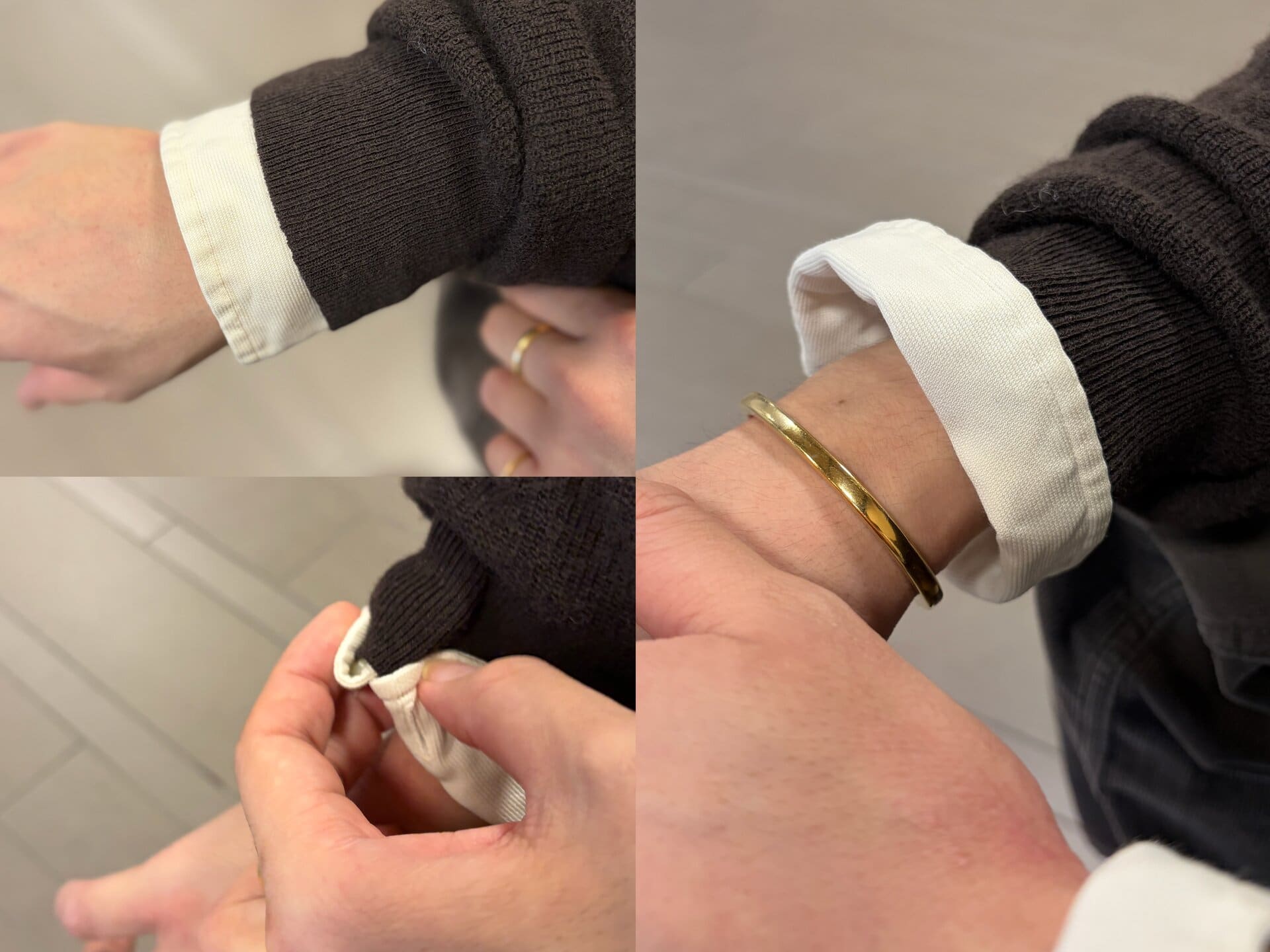 このテクニックを取り入れることで、オーバーサイズのニットもシャツの袖丈で着こなすことができるそう。あと、シャツを折り返すことで余白が生まれ、手首が華奢見えするのもうれしいポイント