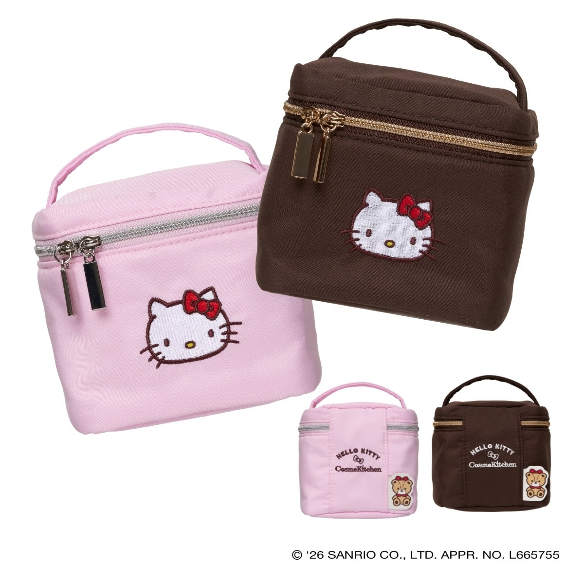 後ろ姿も可愛いバニティポーチ。刺繍であしらわれたハローキティの可愛さはもちろん、180度開くダブルファスナーも嬉しい！〈HELLO KITTY〉 バニティポーチ ピンク/ ブラウン H110╳W110╳D110mm 各¥4,180（コスメキッチン）※5月29日発売