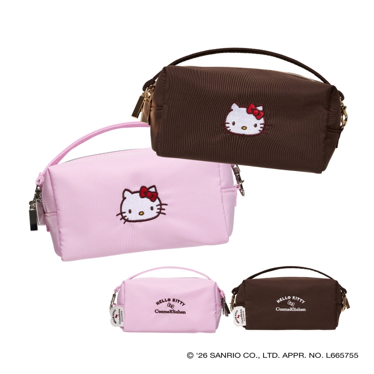 取り外し可能な持ち手がついた２WAYタイプ。ポーチとしてはもちろんミニバッグとしても活躍しそう！〈HELLO KITTY〉 ミニバッグポーチ ピンク/ ブラウン H90╳W180╳D90mm 各¥4,290（コスメキッチン）※5月29日発売