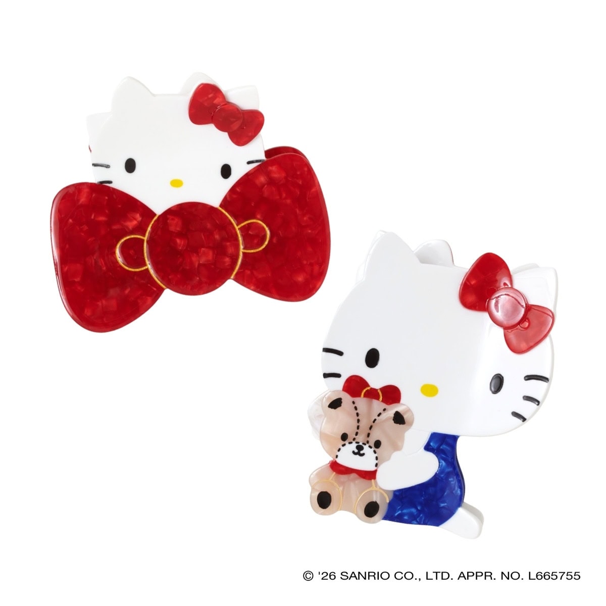 リボンから覗いた姿がなんともキュート。大きめサイズは髪をまとめるのはもちろんバッグに付けても可愛いんです。〈HELLO KITTY〉 バンスクリップ リボン/ ボディ 各¥2,970（コスメキッチン）※5月29日発売