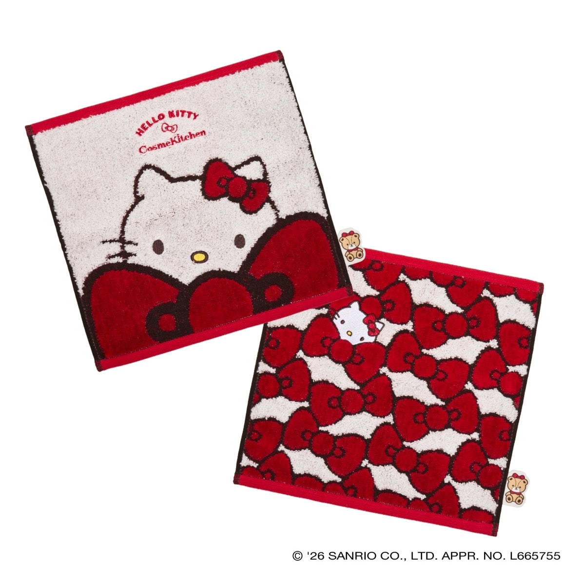 ジャガード織りの肌触りのいいタオルハンカチは2種類ともトレードマークのリボンが全面に！〈HELLO KITTY〉 タオルハンカチ フェイス/ リボン H250╳W250mm 各¥1,650（コスメキッチン）※5月29日発売