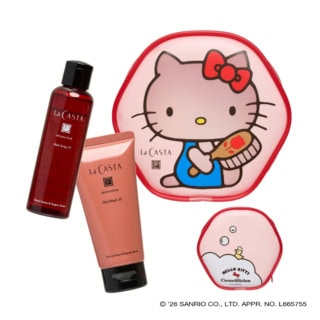 かわいいポーチ付きのラ・カスタのミニサイズセット〈HELLO KITTY〉ヘアケア トライアル 35【セット内容】〈セット限定ミニサイズ〉アロマエステ ヘアソープ 35 100mL、アロマエステ ヘアマスク 35 80g、ミニポーチ￥2,970（コスメキッチン）※5月29日発売