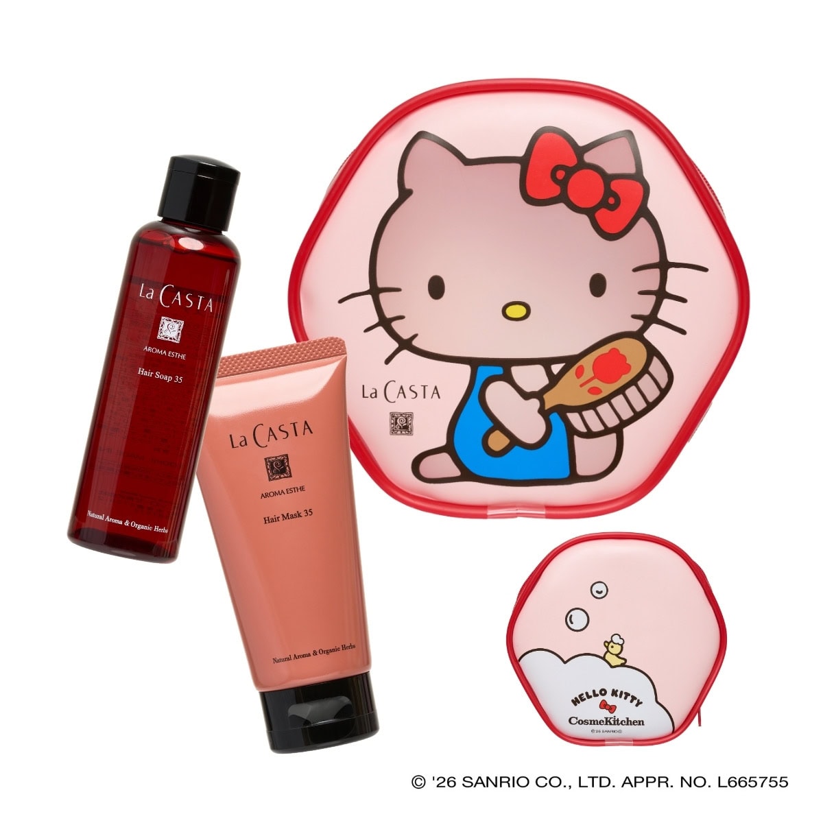 かわいいポーチ付きのラ・カスタのミニサイズセット〈HELLO KITTY〉ヘアケア トライアル 35【セット内容】〈セット限定ミニサイズ〉アロマエステ ヘアソープ 35 100mL、アロマエステ ヘアマスク 35 80g、ミニポーチ￥2,970（コスメキッチン）※5月29日発売