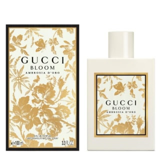 アイボリーカラーのラッカーボトルとボックスに、ゴールドのハーバリウムプリントをあしらったデザイン。高級感のあるボトルは持っているだけで自分がワンランクUPした気分に! グッチ ブルーム アンブロシア ドォーロ オードパルファム 10mL ¥5,170、30mL ¥11,770、50mL ¥17,270、100mL ¥24,200(グッチ ビューティ/コティジャパン)※6月24日発売