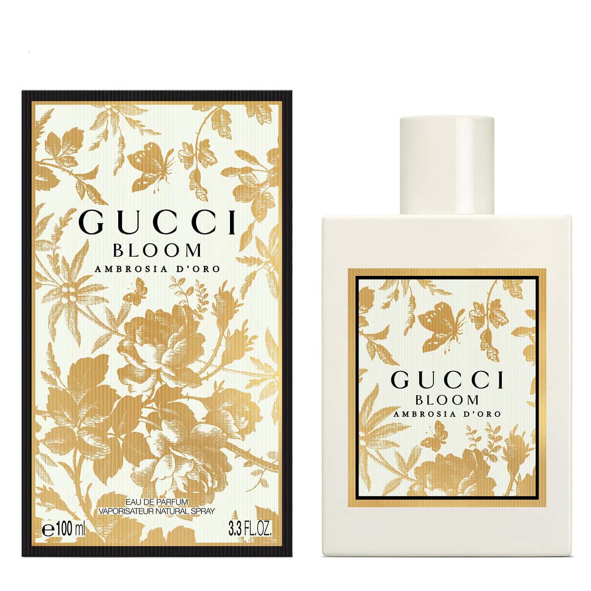 アイボリーカラーのラッカーボトルとボックスに、ゴールドのハーバリウムプリントをあしらったデザイン。高級感のあるボトルは持っているだけで自分がワンランクUPした気分に！ グッチ ブルーム アンブロシア ドォーロ オードパルファム 10mL ￥5,170、30mL ￥11,770、50mL ￥17,270、100mL ￥24,200（グッチ ビューティ/コティジャパン）※6月24日発売