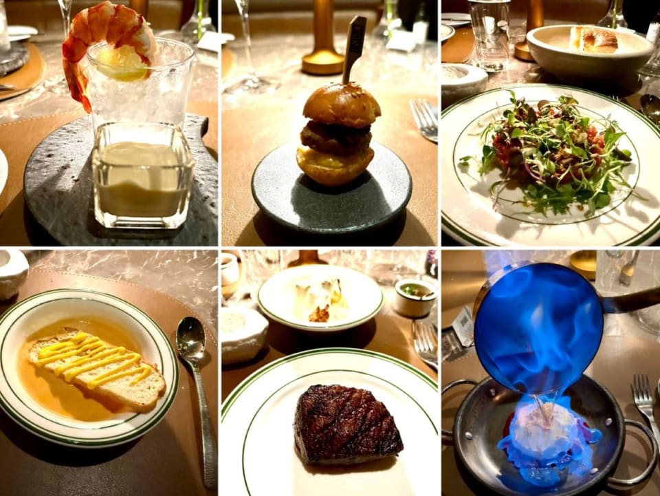 写真左上から：「ジャンボシュリンプのショット」、アミューズの「ミニバーガー」、「本マグロとブロッコリーのタルタル」、千葉県産牛ランイチ150g＋サイドディッシュにローストカリフラワー・フォンドゥータチーズ。ラストのデザートはお酒のきいたオトナのスイーツ「ベイクドアラスカ」。