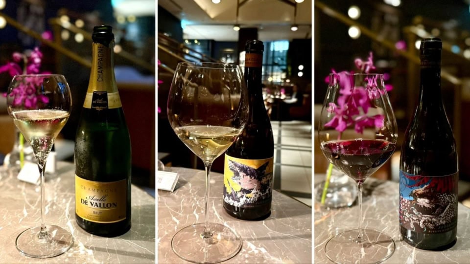 お料理に合わせてソムリエがワインを厳選。今回は写真左から：シャンパーニュ「アクセル・ド・ヴァロン・ブリュット」からスタートし、サンフランシスコの北に位置するソノマ・コーストで育ったぶどうを使用した白ワイン「ボーグル ジャガーナット シャルドネ ソノマ コースト」、辛口のピノノワール「ジャガーナット by ボーグル ロシアンリバー」の3種。