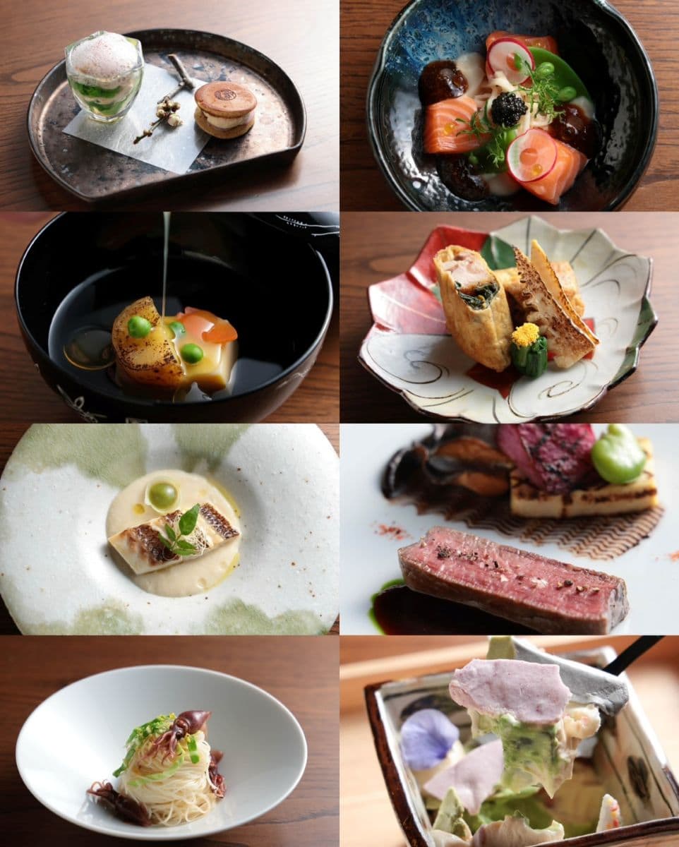 日本人に馴染みの深い旬の食材を厳選し、モダンフレンチのエッセンスをプラス。菜の花と蛤の旨味と鶏白肝を最中にレイヤードした先付からはじまり、桜鯛、近江牛を堪能し、蛍烏賊とからすみのパスタ仕立ての素麺、羊羹、マスカルポーネ、メレンゲの異なる食感を一度に楽しむデザートまで、メニューひとつずつに高揚感が！ ディナーコース「錦繍」春メニュー ￥28,463(消費税・サービス料込、ドリンクつき) ※5月31日まで