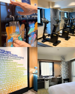 外国人利用者も多いので時には楽しい交流ができるかもしれないラウンジスペースでワインを頂いたり、レセプションの横には関西弁がアートに！ジムにはマシンの他にストレッチやヨガができるスペースもありました