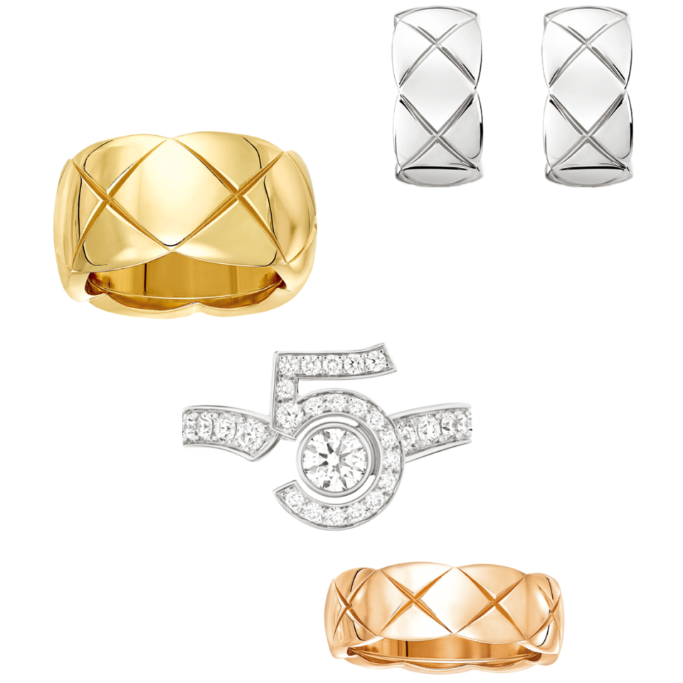 上から：〈ココ クラッシュ〉ピアス［WG］¥753,500、リング［YG］¥726,000、〈コレクション N°5〉リング［WG×DIA］¥2,838,000、〈ココ クラッシュ〉リング［BG］¥528,000（全てシャネル）