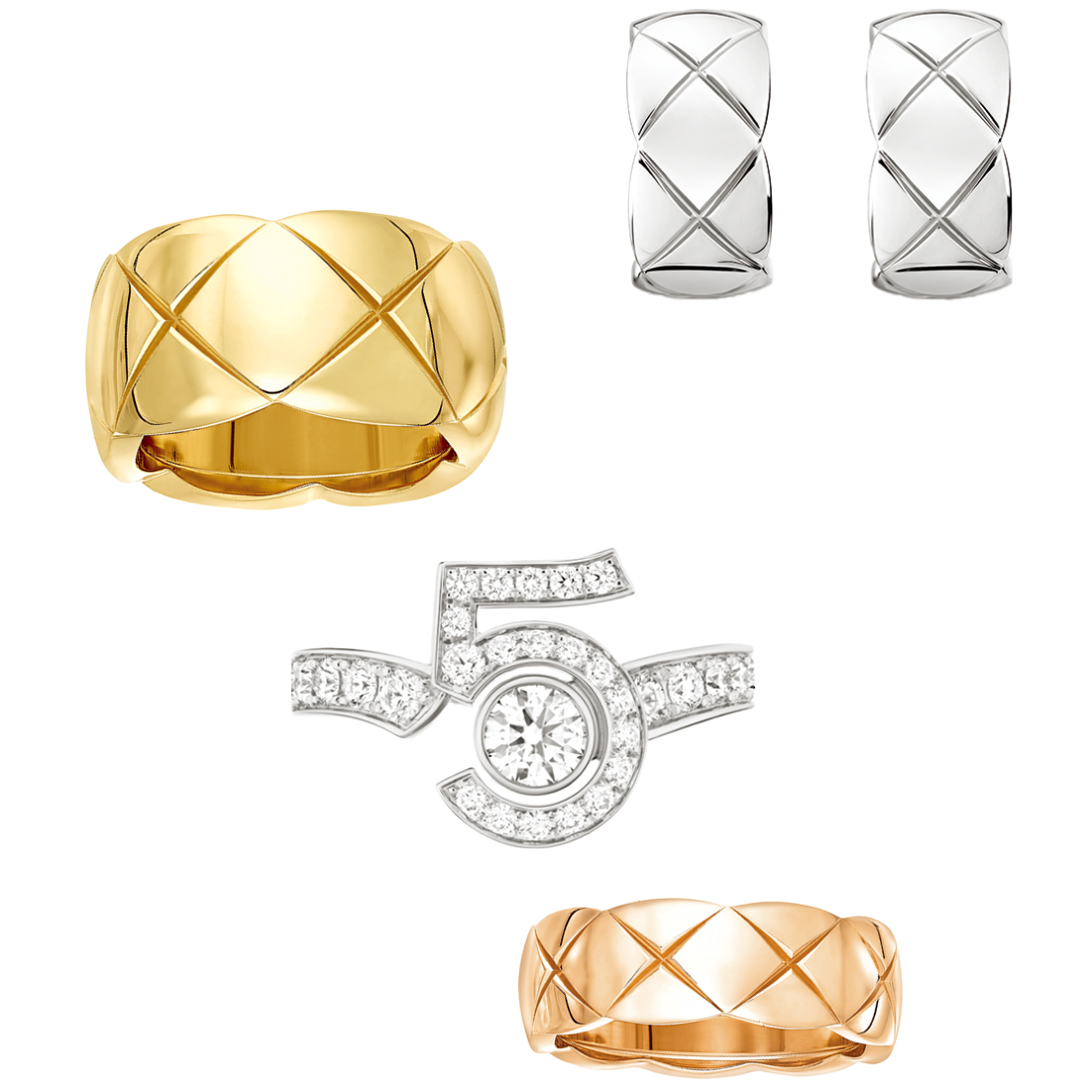 上から：〈ココ クラッシュ〉ピアス［WG］¥753,500、リング［YG］¥726,000、〈コレクション N°5〉リング［WG×DIA］¥2,838,000、〈ココ クラッシュ〉リング［BG］¥528,000（全てシャネル）