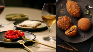 右:OMOベーカリーの5種類のカレーパン。 三元豚を贅沢に包んだボリューム満点のロースカツカレーパンから、黒胡椒とチーズが香る大人な味わいのチーズカレーパン、お子様も笑顔になる甘口のキッズカレーパンなど¥350~。左:夕方5時から提供しているパンのみセット各¥1,700。「ごろっと苺とトマトのブルケッタ」または「チーズたっぷりのおつまみトース」にビールかワインをセットできます。