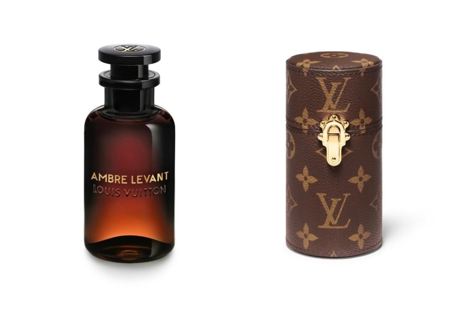 誰もがあこがれるラグジュアリーなフレグランス。右トラベルケース 100ｍL ￥92,400、アンブル･ルバン オー ドゥ パルファン100mL￥57,200(ルイ・ヴィトン)