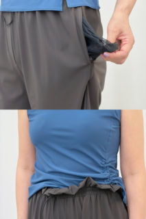 上／パンツのポケットの内袋はメッシュ生地になっています　下／ウエストのギャザーはこんな感じ。トップスをインしてもカワイイ♡