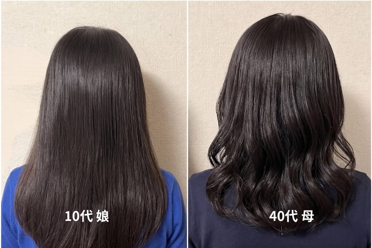 以前は娘の隣でパサつきが気になっていた私。でも、イルミナカラーの透明感とSYSTEMの徹底ケアを2週間続けたら、光を味方にする大人のツヤ髪に。日々のホームケア次第で、10代の輝きは取り戻せます！