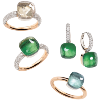右上から時計回りに：〈ヌード〉ピアス［RG×WG×プラシオライト×グリーンアゲート］¥1,078,000、リング［RG×WG×ブルートパーズ］¥319,000、リング［RG×WG×DIA×プラシオライト×グリーンアゲート］¥935,000、リング［RG×WG×DIA×ホワイトトパーズ］¥792,000（全てポメラート／ポメラート クライアントサービス）