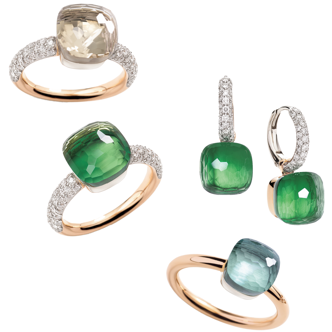 右上から時計回りに：〈ヌード〉ピアス［RG×WG×プラシオライト×グリーンアゲート］¥1,078,000、リング［RG×WG×ブルートパーズ］¥319,000、リング［RG×WG×DIA×プラシオライト×グリーンアゲート］¥935,000、リング［RG×WG×DIA×ホワイトトパーズ］¥792,000（全てポメラート／ポメラート クライアントサービス）