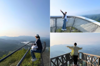 さすが星野リゾート!すぐに下山させない楽しい仕掛けが満載です。左:バーカウンターのような特等席「クラウドバー」右上:雲の上に浮かぶような巨大ハンモック「クラウドプール」右下:船の舳先のようにせり出した展望スポット「スカイウェッジ」など、思わず写真を撮りたくなる絶景スポットの連続に心が躍ります。