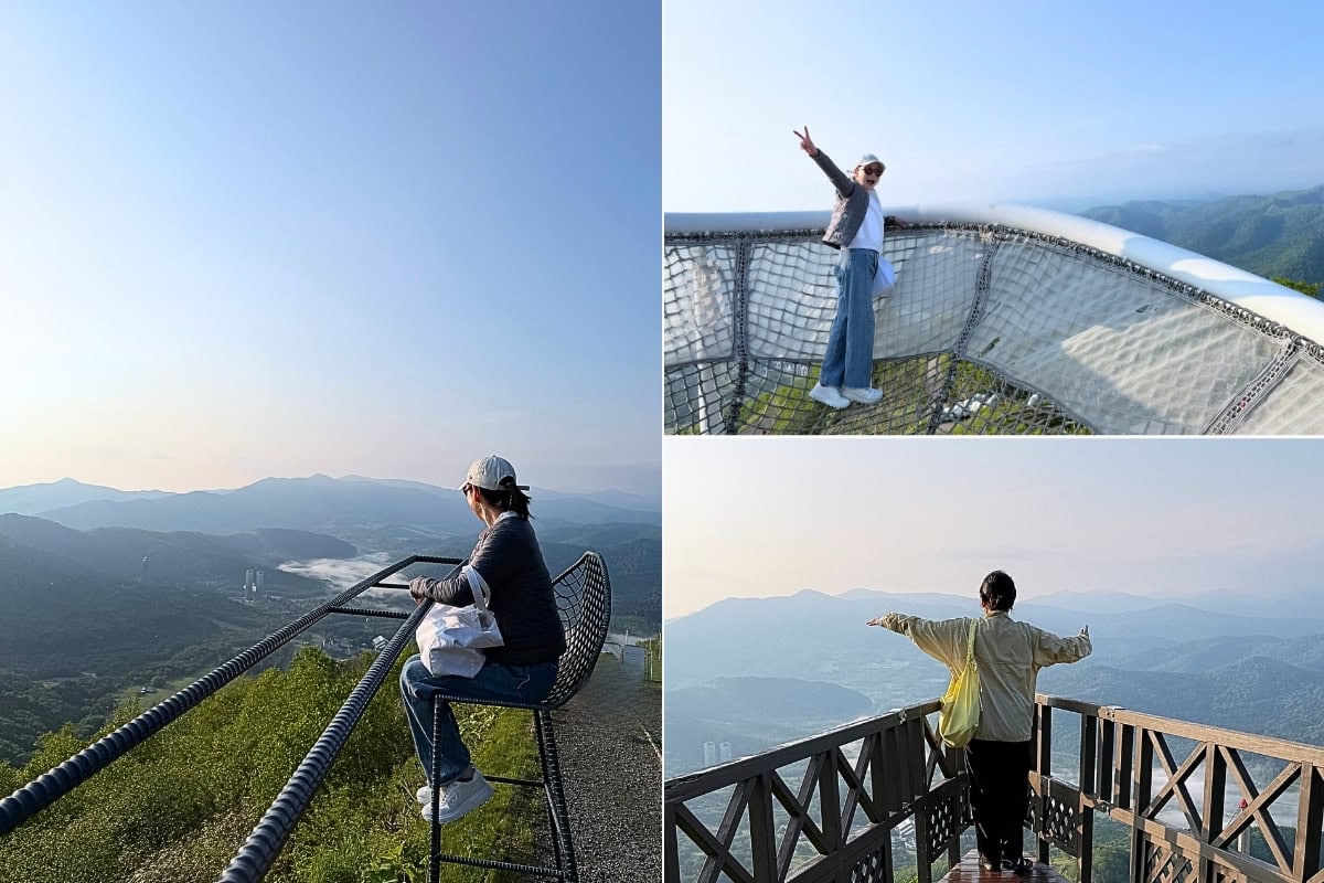 さすが星野リゾート！すぐに下山させない楽しい仕掛けが満載です。左：バーカウンターのような特等席「クラウドバー」右上：雲の上に浮かぶような巨大ハンモック「クラウドプール」右下：船の舳先のようにせり出した展望スポット「スカイウェッジ」など、思わず写真を撮りたくなる絶景スポットの連続に心が躍ります。