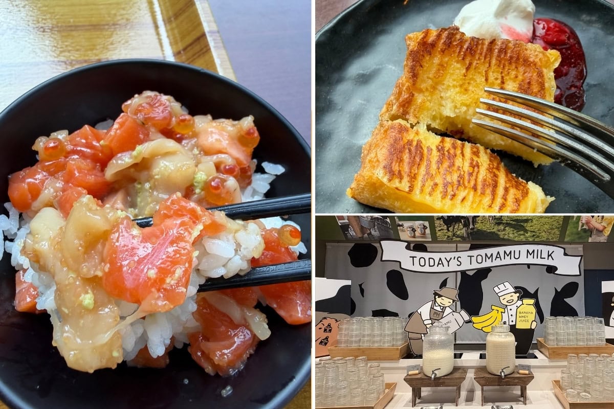 左：海の幸がキラキラと輝く、贅沢極まりない「海宝丼」。右上：焼き立て熱々のフレンチトーストにはお好みでクリームを添えて。右下：その日おすすめの新鮮な牛乳を飲み比べできるコーナーも。