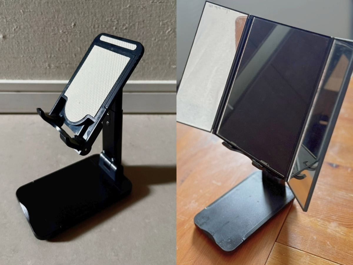 スマホスタンドに乗せたらさらに高さも調整できて無敵ミラーの完成。※ちなみにスタンドはスリーコインズのものです