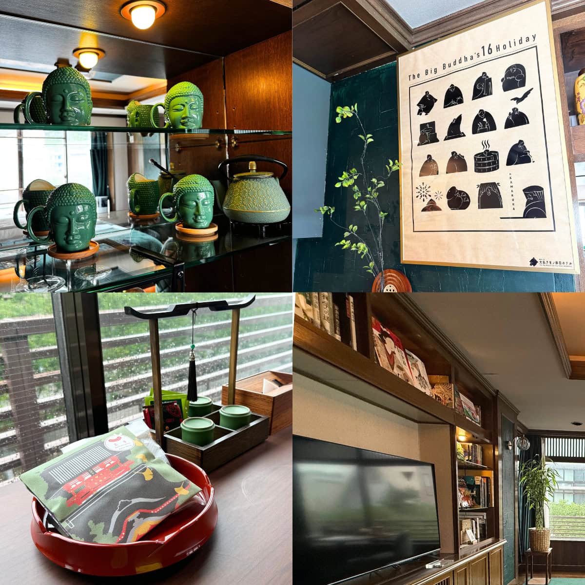 お部屋のモダンなガラス棚に並ぶ、鮮やかなグリーンの大仏さまマグカップと愛らしいポスター。この絶妙な“遊び心”の取り入れ方に、大人のセンスが光ります！