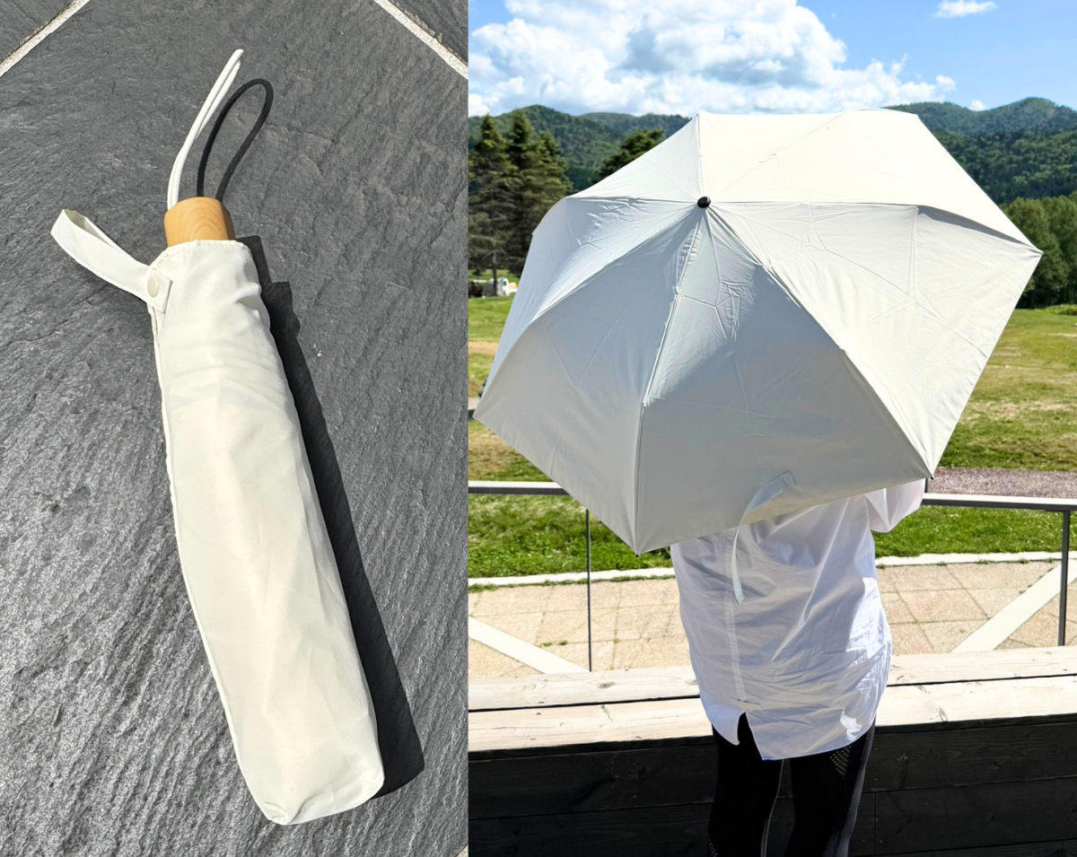たたむと大人の手元になじむ上品な木目調。開けば背中までスッポリ包み込む親骨55cmの大判サイズで、夏の強い日差しや突然のゲリラ豪雨からも鉄壁に身を守ります。