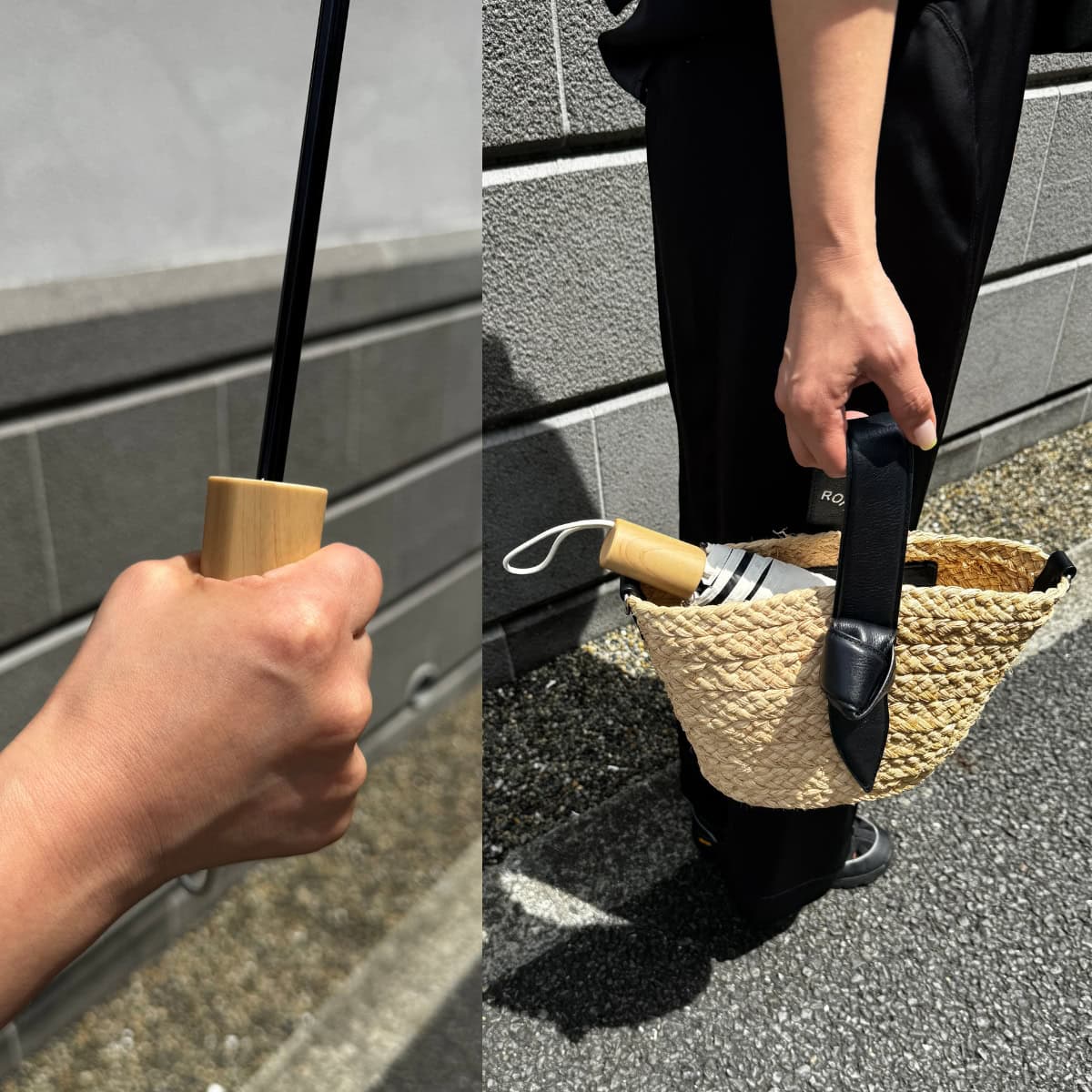 安定感抜群のしっかりとした持ち手。折りたたむとバッグから少し覗く頼もしいサイズ感で、夏の急な悪天候にもこれ一本で安心です。