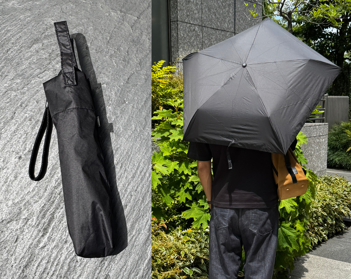 170g以下の超軽量設計でありながら、開くと大人の男性の肩まわりまでしっかりと包み込む頼もしいサイズ感。毎日の通勤バッグに常備してもストレスフリーな軽さです。